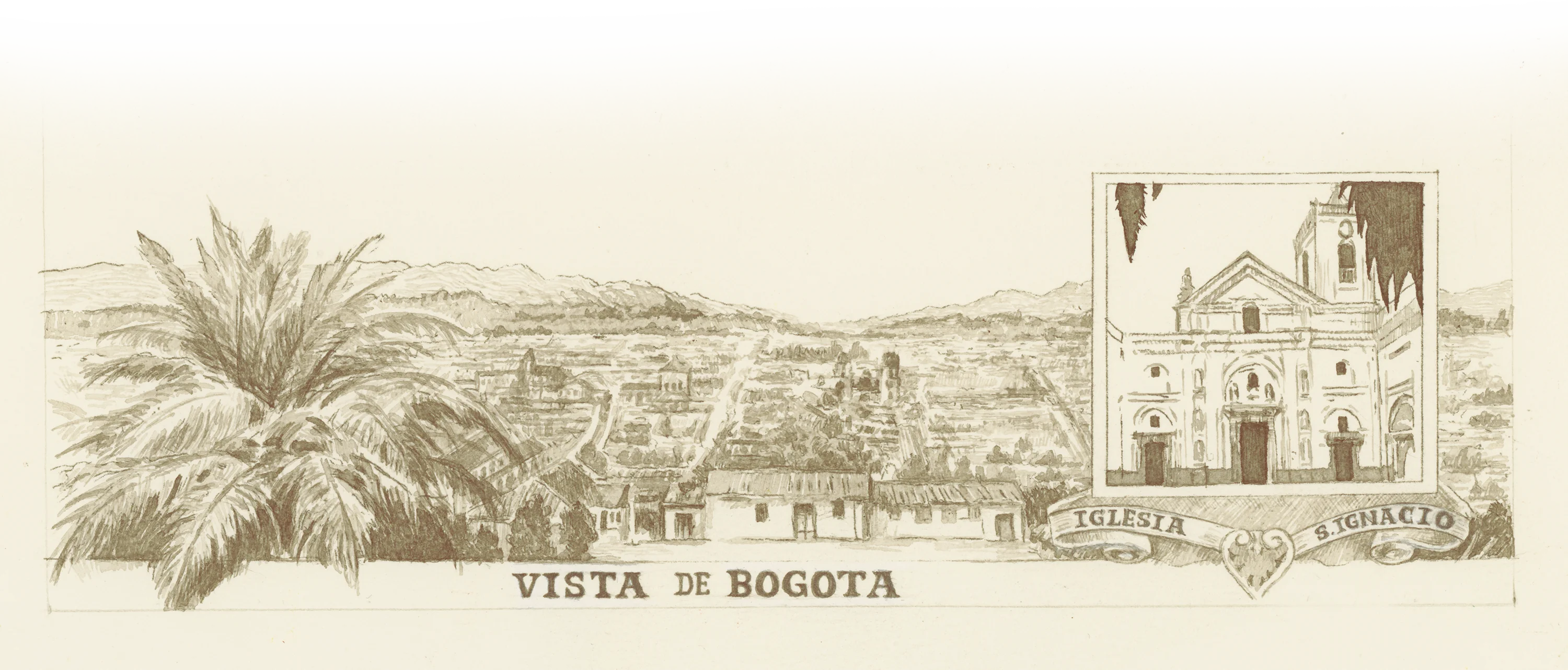 Vista de Bogotá — antique postcard illustration of the city with the church of San Ignacio